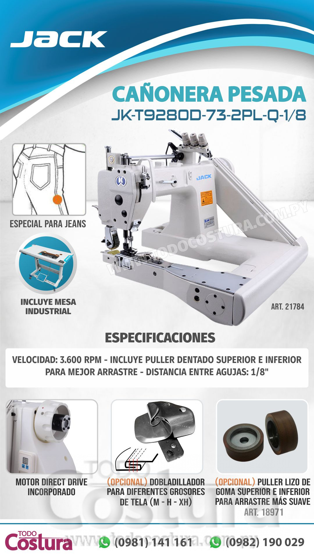 CAÑONERA (3 AGUJAS - PESADA) JACK JK-T9280D-73-2PL-Q-1/8 (MOTOR INCORPORADO)